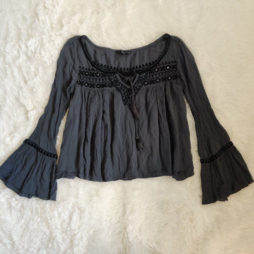 American Eagle Bell Sleeve Boho Tunic Crop Top Long Sleeve with Embroidery